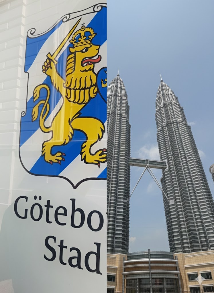 A split image showing the Gothenburg city emblem and the Petronas Twin Towers in Kuala Lumpur, representing the author's journey.