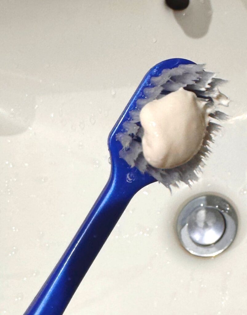 Aesop Toothpaste Dentifrice squeezed onto a toothbrush, showing a smooth white paste with a simple, minimalist appearance.