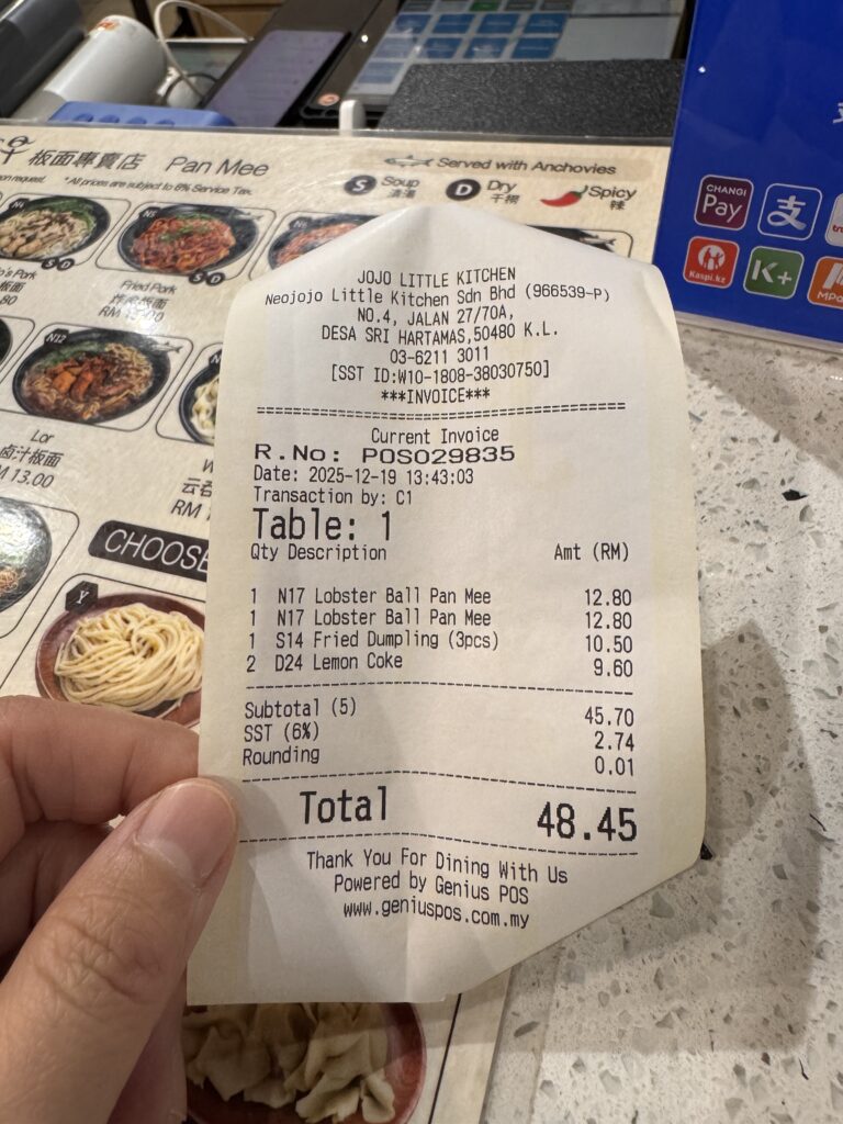 Receipt showing the total bill for two people at Jojo Little Kitchen in Kuala Lumpur