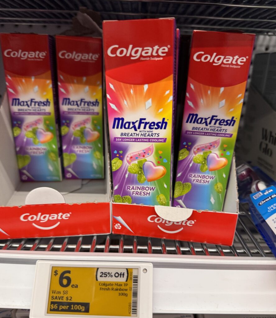 Colgate MaxFresh Rainbow Fresh toothpaste sold in Australia, with a price tag showing AUD 6.
