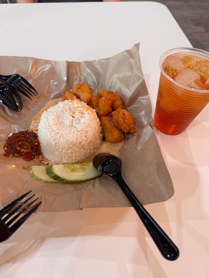 Rice set meal with fried dory fish, curry, sambal, and iced drink at Etiqa food court