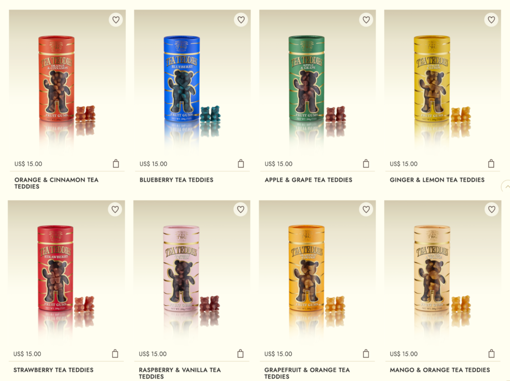 TWG Tea Teddies product grid on TWG’s official website with the region set to Malaysia and language set to English, showing multiple flavours priced at USD 15.