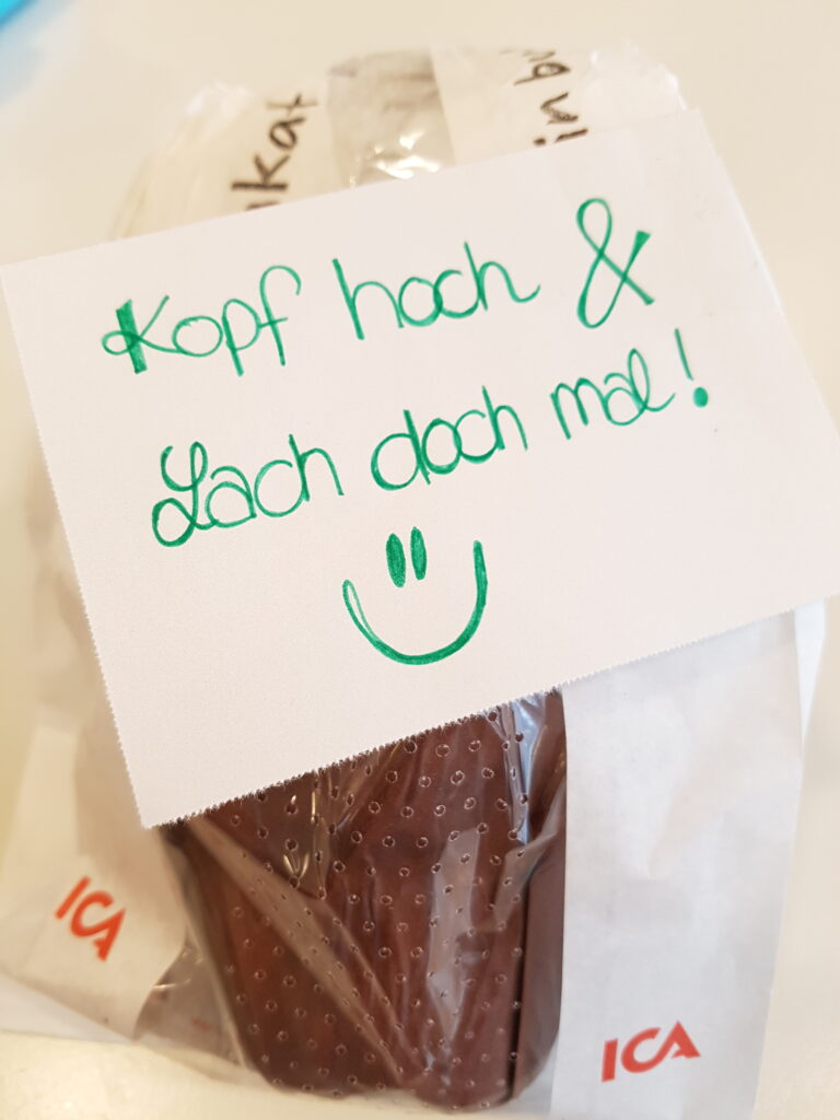 Handwritten note and chocolate bread from a friend in Sweden student housing