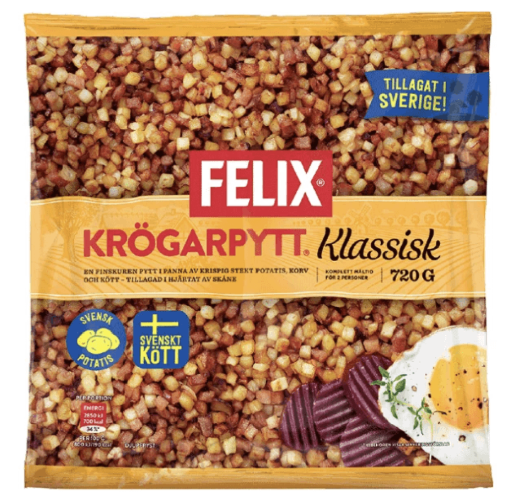Frozen Pytt i Panna sold in Swedish supermarkets, pre-cut potatoes and meat for quick meals