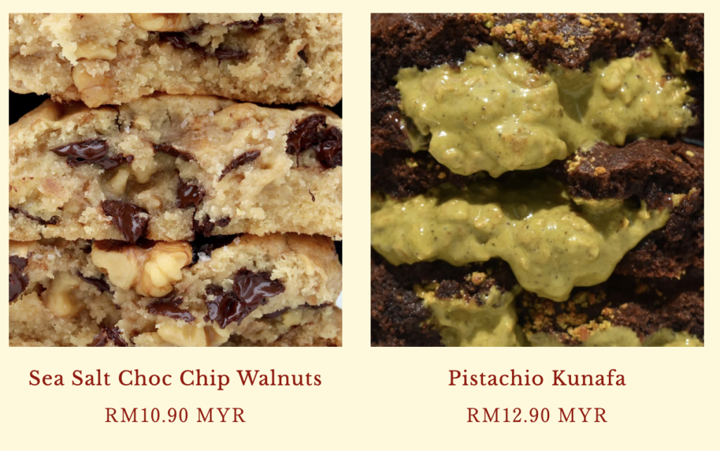 Screenshot from the official Cookiecrumbs website showing Sea Salt Choc Chip Walnuts at RM10.90 and Pistachio Kunafa at RM12.90.