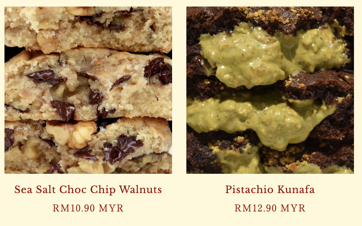 Official menu image of the viral Pistachio Kunafa (Dubai Chocolate style) cookie priced at RM12.90.
