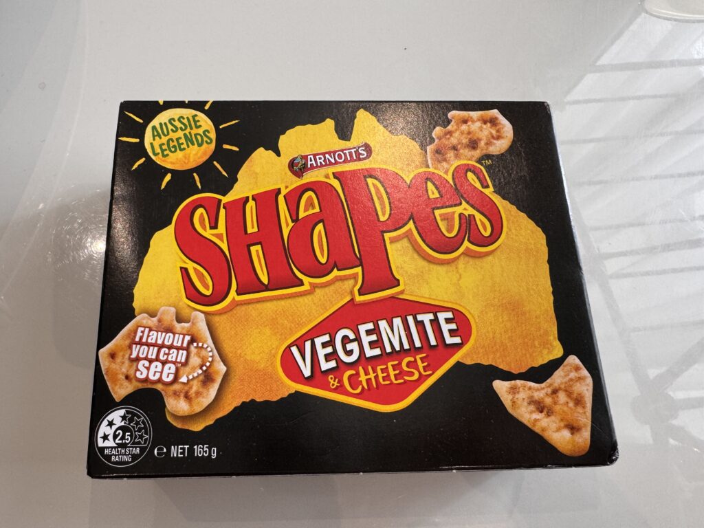 Arnott’s Shapes Vegemite & Cheese box featuring Australia-shaped crackers.