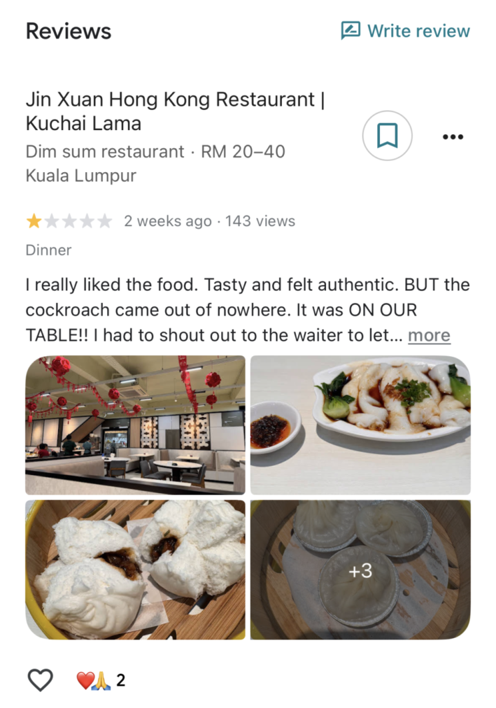 Google review screenshot of Jin Xuan Hong Kong Restaurant in Kuala Lumpur