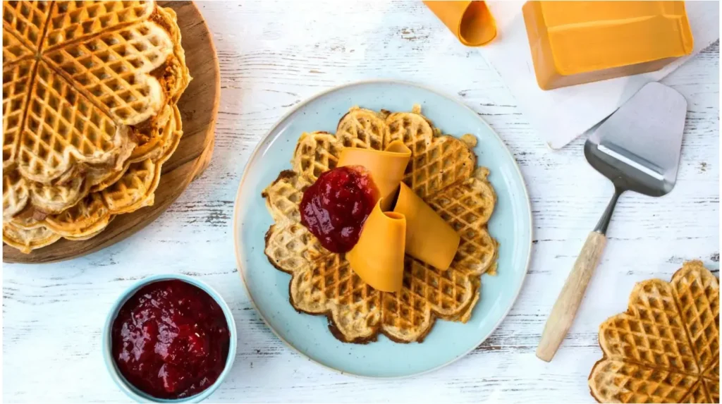 Norwegian-style heart-shaped waffles served with thin slices of Brunost (brown cheese) and jam.